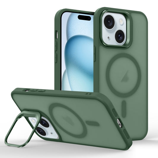 For iPhone 15 Plus Skin Feel Lens Holder Magsafe Phone Case(Deep Green) by buy2fix
