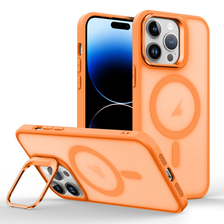 For iPhone 14 Pro Magsafe Skin Feel Lens Holder Phone Case(Orange) - iPhone 14 Pro Cases by buy2fix | Online Shopping UK | buy2fix