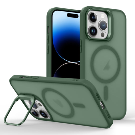 For iPhone 14 Pro Max Skin Feel Lens Holder Magsafe Phone Case(Deep Green)
