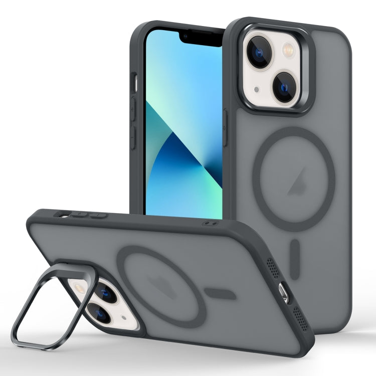 For iPhone 13 mini Skin Feel Lens Holder Magsafe Phone Case(Titanium Black) by buy2fix