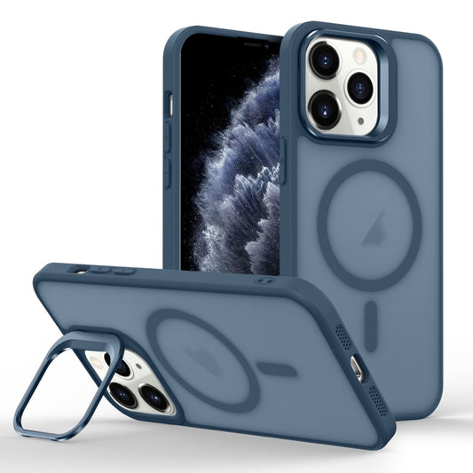 For iPhone 11 Pro Max Skin Feel Lens Holder Magsafe Phone Case(Dark Blue) by buy2fix