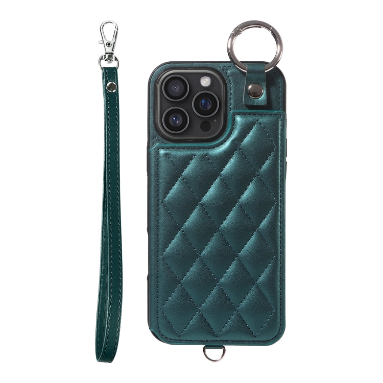 For iPhone 16 Pro Max Rhombic Texture Card Bag Phone Case with Short Lanyard(Green) - iPhone 16 Pro Max Cases by buy2fix | Online Shopping UK | buy2fix