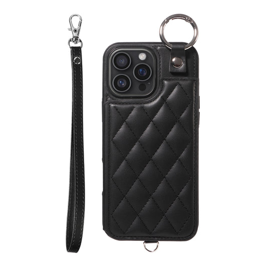 For iPhone 16 Pro Max Rhombic Texture Card Bag Phone Case with Short Lanyard(Black) - iPhone 16 Pro Max Cases by buy2fix | Online Shopping UK | buy2fix