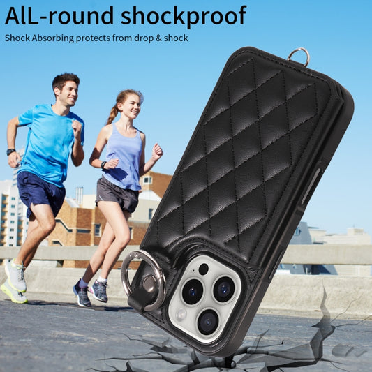 For iPhone 16 Pro Rhombic Texture Card Bag Phone Case with Short Lanyard(Black) by buy2fix