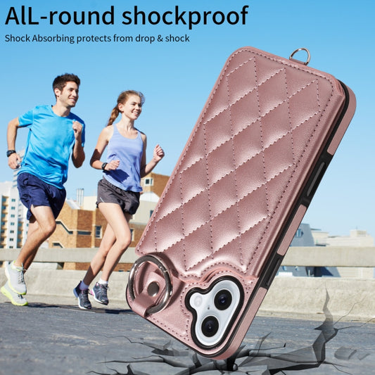 For iPhone 16 Plus Rhombic Texture Card Bag Phone Case with Short Lanyard(Rose Gold) by buy2fix