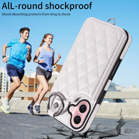 For iPhone 16 Rhombic Texture Card Bag Phone Case with Short Lanyard(White) by buy2fix