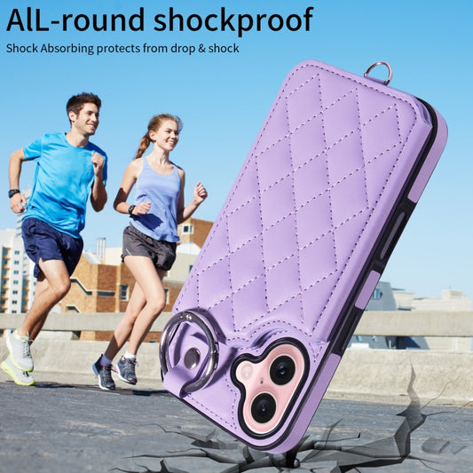 For iPhone 16 Rhombic Texture Card Bag Phone Case with Short Lanyard(Purple) by buy2fix