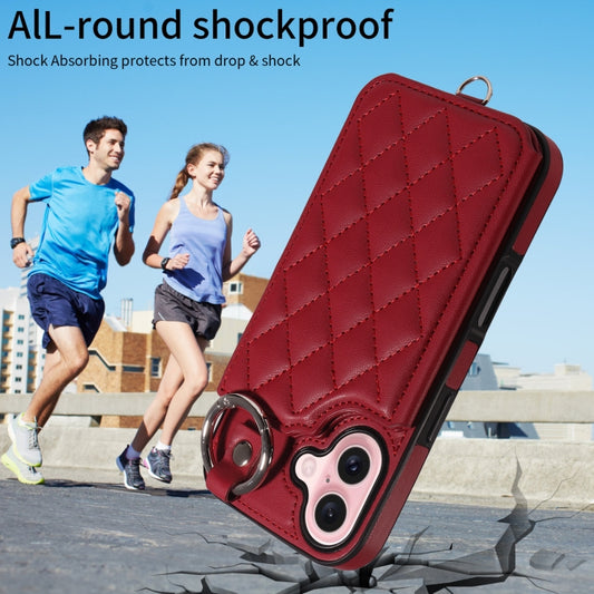 For iPhone 16 Rhombic Texture Card Bag Phone Case with Short Lanyard(Wine Red) by buy2fix