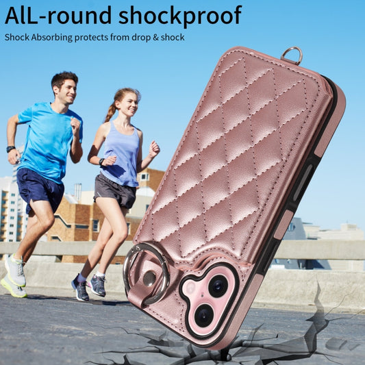 For iPhone 16 Rhombic Texture Card Bag Phone Case with Short Lanyard(Rose Gold) by buy2fix
