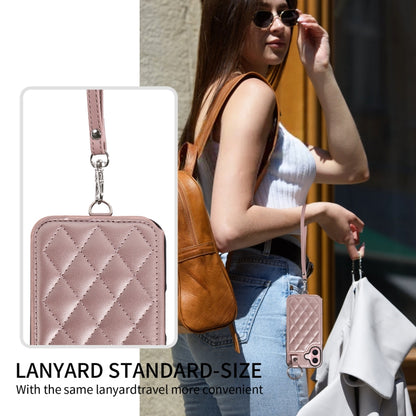 For iPhone 16 Rhombic Texture Card Bag Phone Case with Short Lanyard(Rose Gold) - iPhone 16 Cases by buy2fix | Online Shopping UK | buy2fix