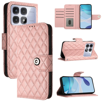 For Redmi K70 Ultra 5G Global Rhombic Texture Flip Leather Phone Case with Lanyard(Coral Pink) - Xiaomi Cases by buy2fix | Online Shopping UK | buy2fix