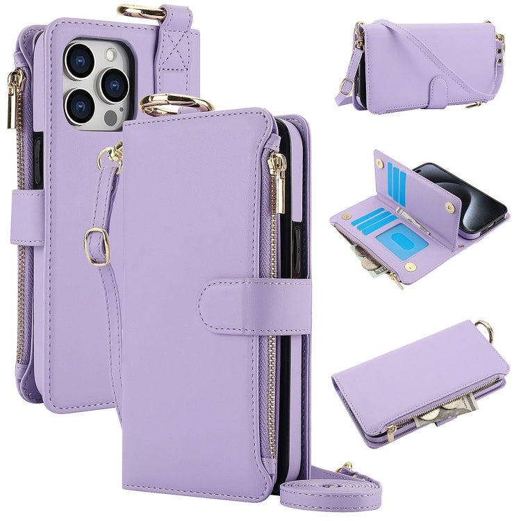 For iPhone 15 Pro Max Crossbody Ring Multifunctional Wallet Leather Phone Case(Purple) - iPhone 15 Pro Max Cases by buy2fix | Online Shopping UK | buy2fix