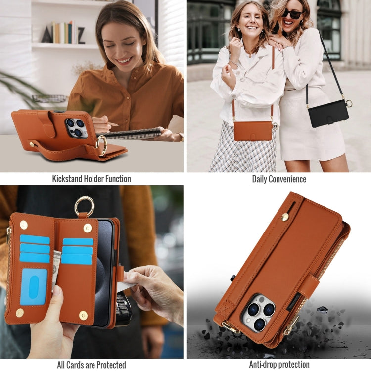 For iPhone 15 Pro Max Crossbody Ring Multifunctional Wallet Leather Phone Case(Brown) - iPhone 15 Pro Max Cases by buy2fix | Online Shopping UK | buy2fix