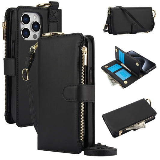 For iPhone 15 Pro Crossbody Ring Multifunctional Wallet Leather Phone Case(Black) - iPhone 15 Pro Cases by buy2fix | Online Shopping UK | buy2fix