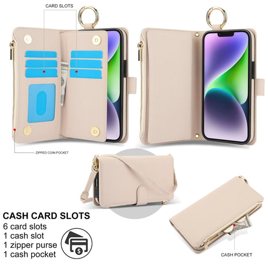 For iPhone 15 Plus Crossbody Ring Multifunctional Wallet Leather Phone Case(White) - iPhone 15 Plus Cases by buy2fix | Online Shopping UK | buy2fix