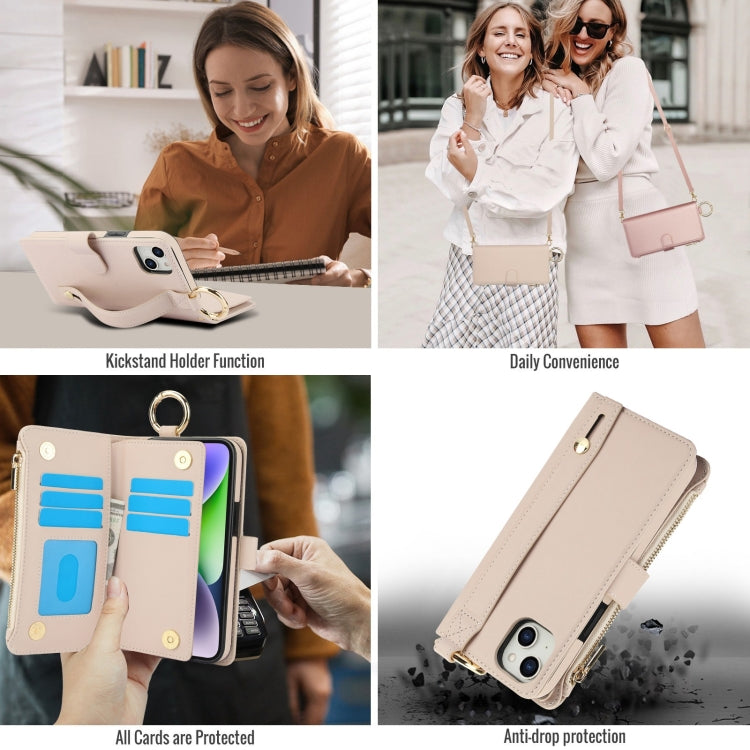 For iPhone 15 Plus Crossbody Ring Multifunctional Wallet Leather Phone Case(White) - iPhone 15 Plus Cases by buy2fix | Online Shopping UK | buy2fix