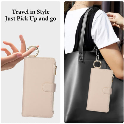 For iPhone 15 Plus Crossbody Ring Multifunctional Wallet Leather Phone Case(White) - iPhone 15 Plus Cases by buy2fix | Online Shopping UK | buy2fix