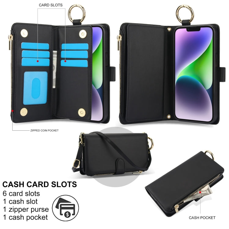 For iPhone 15 Plus Crossbody Ring Multifunctional Wallet Leather Phone Case(Black) - iPhone 15 Plus Cases by buy2fix | Online Shopping UK | buy2fix