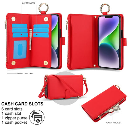 For iPhone 15 Plus Crossbody Ring Multifunctional Wallet Leather Phone Case(Red) - iPhone 15 Plus Cases by buy2fix | Online Shopping UK | buy2fix