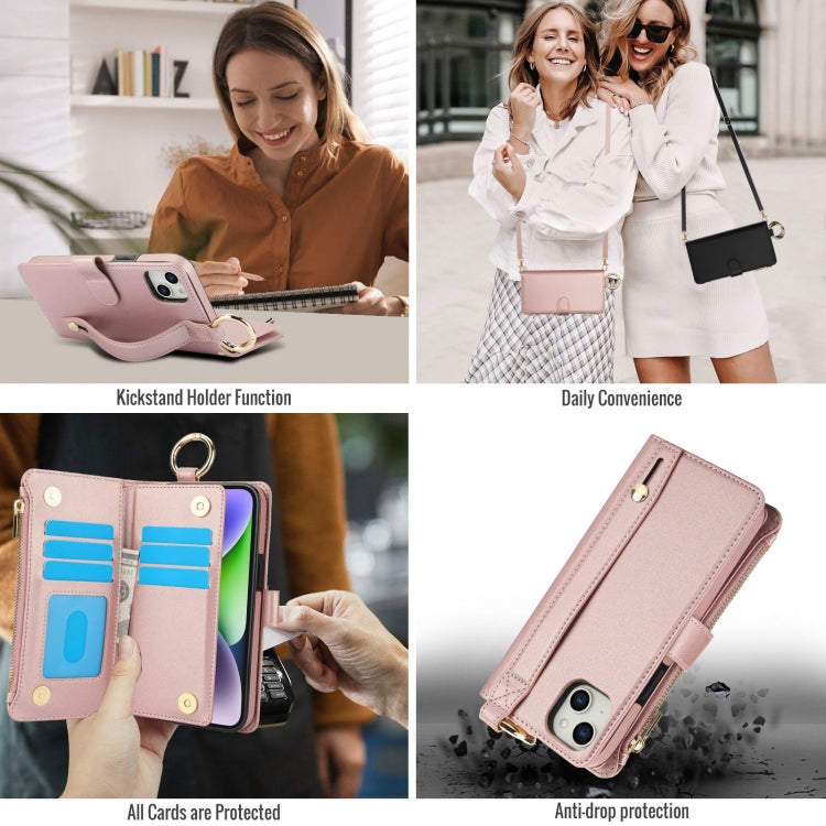 For iPhone 15 Plus Crossbody Ring Multifunctional Wallet Leather Phone Case(Rose Gold) - iPhone 15 Plus Cases by buy2fix | Online Shopping UK | buy2fix