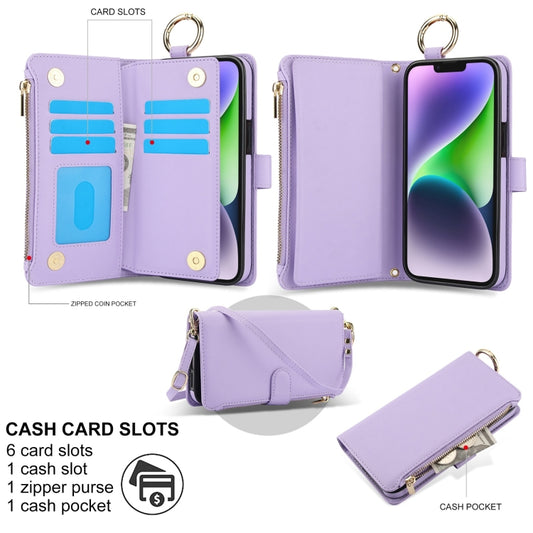 For iPhone 15 Plus Crossbody Ring Multifunctional Wallet Leather Phone Case(Purple) - iPhone 15 Plus Cases by buy2fix | Online Shopping UK | buy2fix