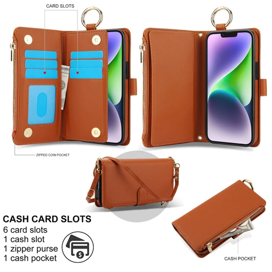 For iPhone 15 Plus Crossbody Ring Multifunctional Wallet Leather Phone Case(Brown) - iPhone 15 Plus Cases by buy2fix | Online Shopping UK | buy2fix