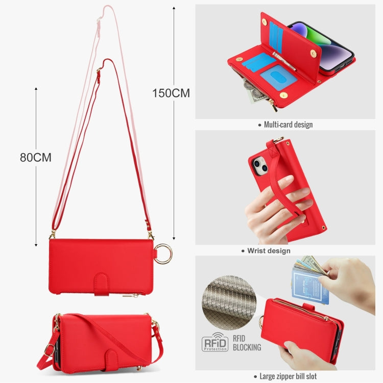 For iPhone 15 Crossbody Ring Multifunctional Wallet Leather Phone Case(Red) - iPhone 15 Cases by buy2fix | Online Shopping UK | buy2fix