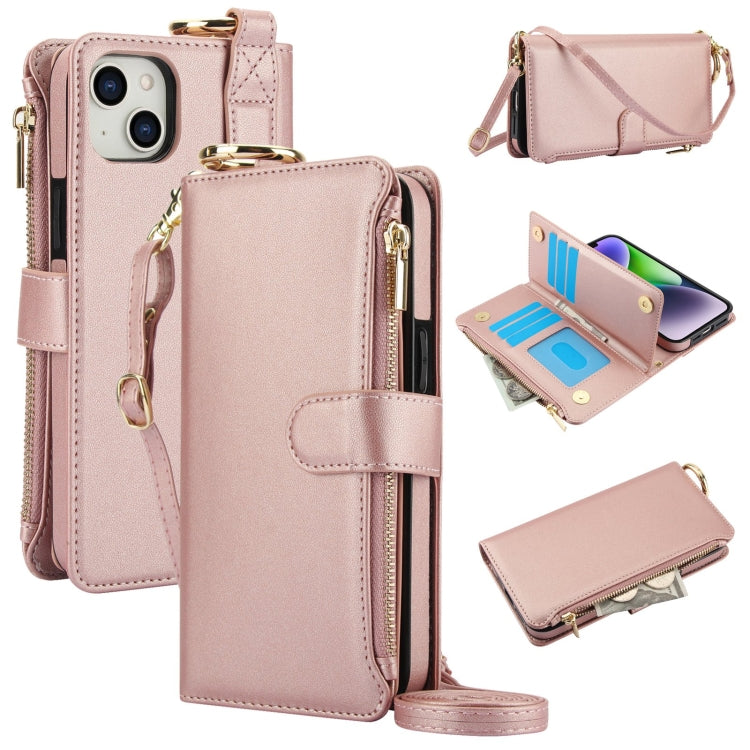 For iPhone 15 Crossbody Ring Multifunctional Wallet Leather Phone Case(Rose Gold) - iPhone 15 Cases by buy2fix | Online Shopping UK | buy2fix