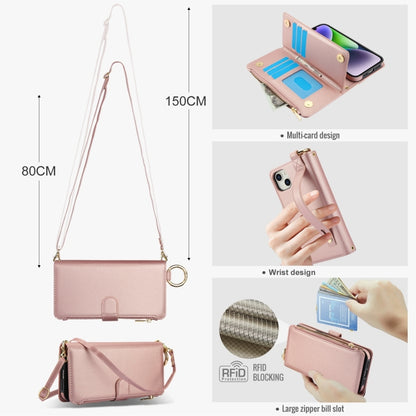 For iPhone 15 Crossbody Ring Multifunctional Wallet Leather Phone Case(Rose Gold) - iPhone 15 Cases by buy2fix | Online Shopping UK | buy2fix