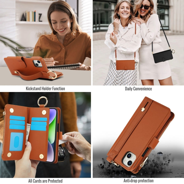 For iPhone 15 Crossbody Ring Multifunctional Wallet Leather Phone Case(Brown) - iPhone 15 Cases by buy2fix | Online Shopping UK | buy2fix