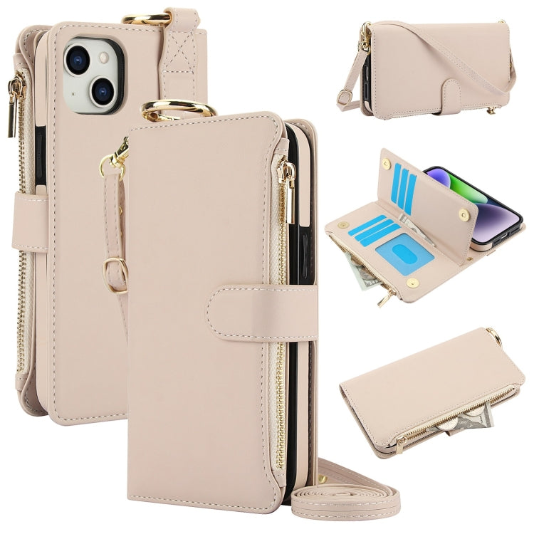 For iPhone 14 Plus Crossbody Ring Multifunctional Wallet Leather Phone Case(White) - iPhone 14 Plus Cases by buy2fix | Online Shopping UK | buy2fix