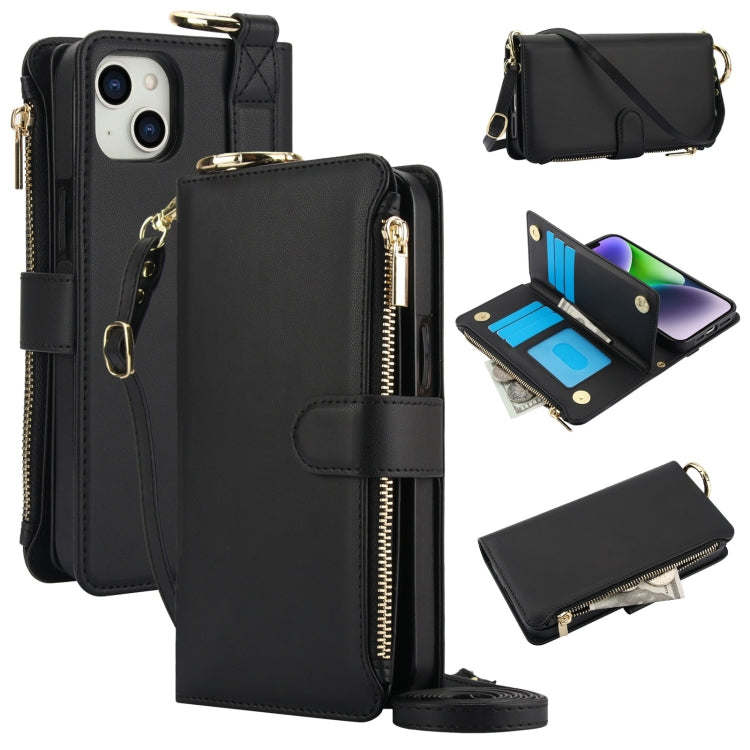 For iPhone 14 Plus Crossbody Ring Multifunctional Wallet Leather Phone Case(Black) - iPhone 14 Plus Cases by buy2fix | Online Shopping UK | buy2fix