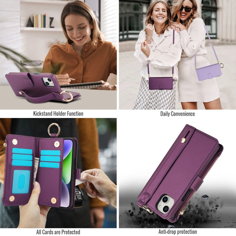 For iPhone 14 Plus Crossbody Ring Multifunctional Wallet Leather Phone Case(Dark Purple) - iPhone 14 Plus Cases by buy2fix | Online Shopping UK | buy2fix