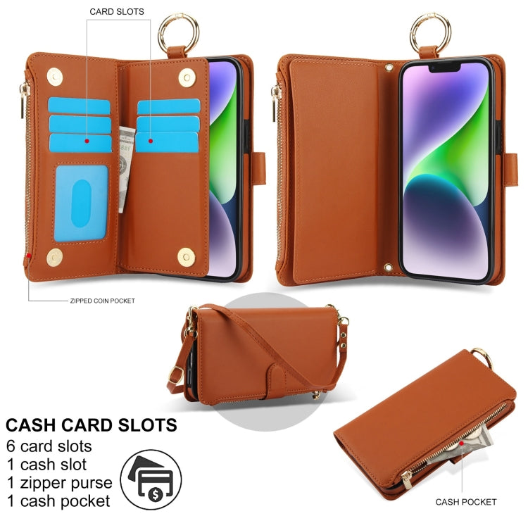For iPhone 14 Plus Crossbody Ring Multifunctional Wallet Leather Phone Case(Brown) - iPhone 14 Plus Cases by buy2fix | Online Shopping UK | buy2fix