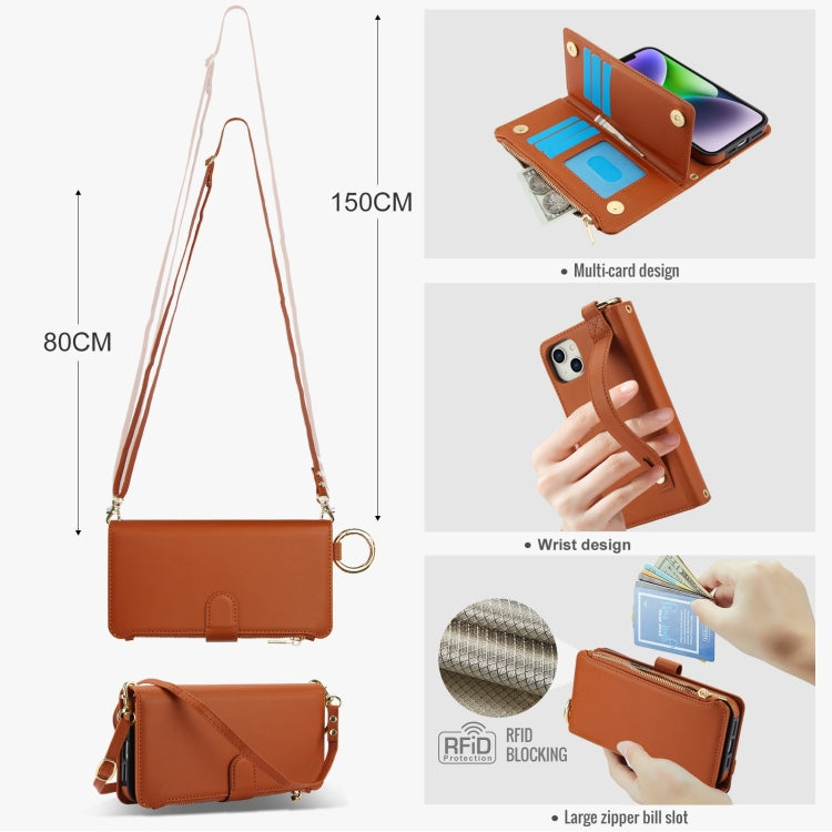 For iPhone 14 Plus Crossbody Ring Multifunctional Wallet Leather Phone Case(Brown) - iPhone 14 Plus Cases by buy2fix | Online Shopping UK | buy2fix