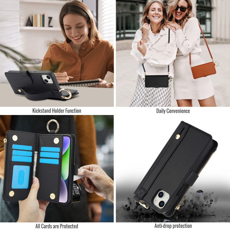 For iPhone 14 Crossbody Ring Multifunctional Wallet Leather Phone Case(Black) - iPhone 14 Cases by buy2fix | Online Shopping UK | buy2fix