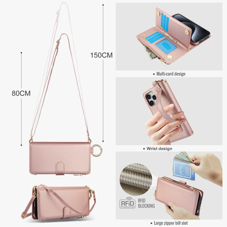 For iPhone 14 Pro Crossbody Ring Multifunctional Wallet Leather Phone Case(Rose Gold) - iPhone 14 Pro Cases by buy2fix | Online Shopping UK | buy2fix