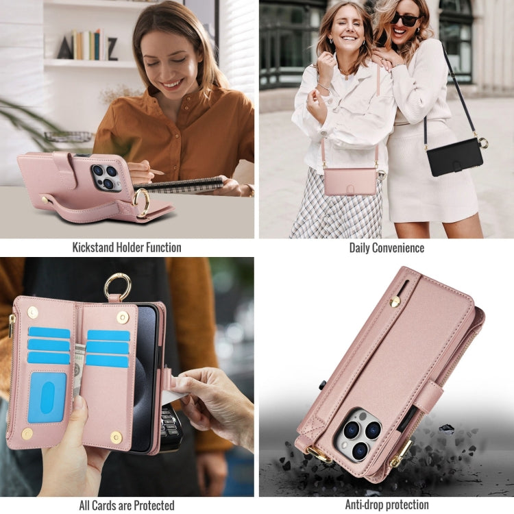 For iPhone 14 Pro Crossbody Ring Multifunctional Wallet Leather Phone Case(Rose Gold) - iPhone 14 Pro Cases by buy2fix | Online Shopping UK | buy2fix