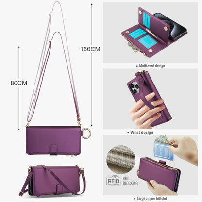 For iPhone 14 Pro Crossbody Ring Multifunctional Wallet Leather Phone Case(Dark Purple) - iPhone 14 Pro Cases by buy2fix | Online Shopping UK | buy2fix