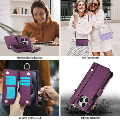 For iPhone 14 Pro Crossbody Ring Multifunctional Wallet Leather Phone Case(Dark Purple) - iPhone 14 Pro Cases by buy2fix | Online Shopping UK | buy2fix