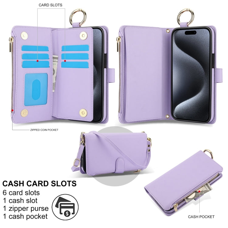 For iPhone 14 Pro Crossbody Ring Multifunctional Wallet Leather Phone Case(Purple) - iPhone 14 Pro Cases by buy2fix | Online Shopping UK | buy2fix