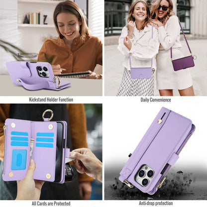 For iPhone 14 Pro Crossbody Ring Multifunctional Wallet Leather Phone Case(Purple) - iPhone 14 Pro Cases by buy2fix | Online Shopping UK | buy2fix