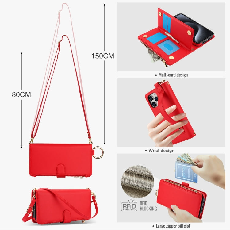 For iPhone 14 Pro Max Crossbody Ring Multifunctional Wallet Leather Phone Case(Red) - iPhone 14 Pro Max Cases by buy2fix | Online Shopping UK | buy2fix