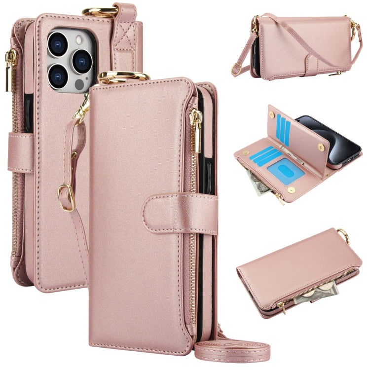 For iPhone 14 Pro Max Crossbody Ring Multifunctional Wallet Leather Phone Case(Rose Gold) - iPhone 14 Pro Max Cases by buy2fix | Online Shopping UK | buy2fix