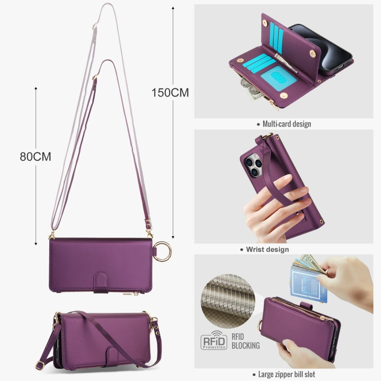 For iPhone 14 Pro Max Crossbody Ring Multifunctional Wallet Leather Phone Case(Dark Purple) - iPhone 14 Pro Max Cases by buy2fix | Online Shopping UK | buy2fix