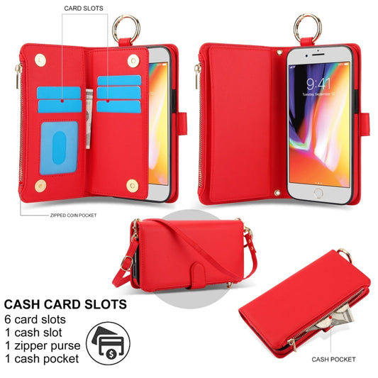 For iPhone 7 / 8 / SE 2022 Crossbody Ring Multifunctional Wallet Leather Phone Case(Red) - iPhone SE 2022 / 2020 / 8 / 7 Cases by buy2fix | Online Shopping UK | buy2fix