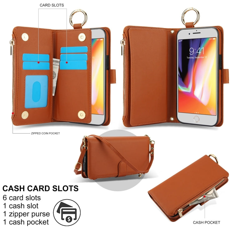 For iPhone 7 / 8 / SE 2022 Crossbody Ring Multifunctional Wallet Leather Phone Case(Brown) - iPhone SE 2022 / 2020 / 8 / 7 Cases by buy2fix | Online Shopping UK | buy2fix
