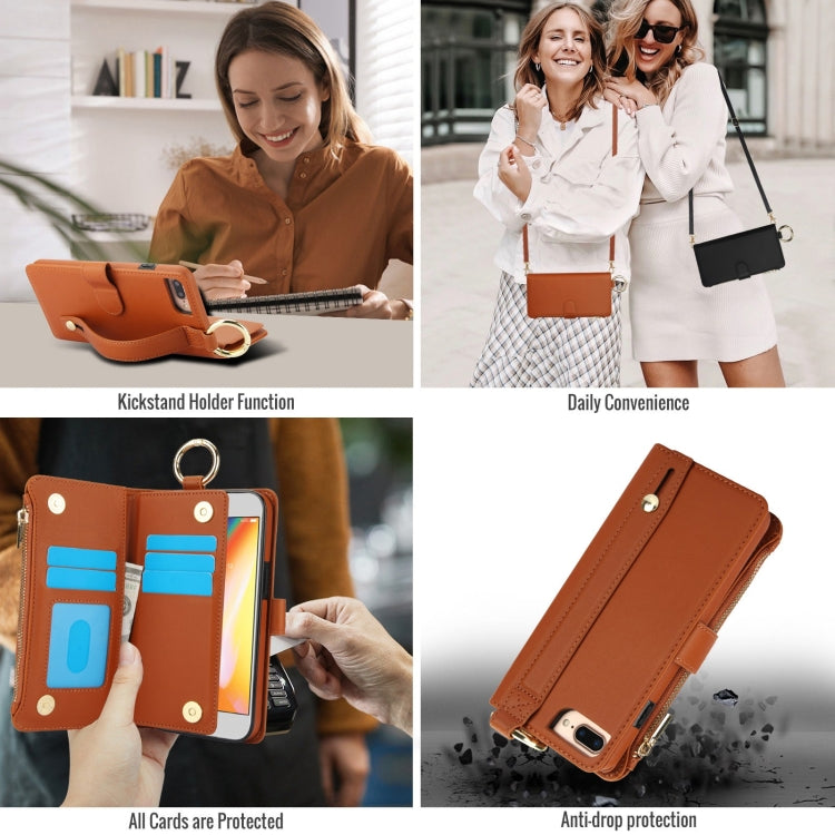 For iPhone 7 / 8 / SE 2022 Crossbody Ring Multifunctional Wallet Leather Phone Case(Brown) - iPhone SE 2022 / 2020 / 8 / 7 Cases by buy2fix | Online Shopping UK | buy2fix