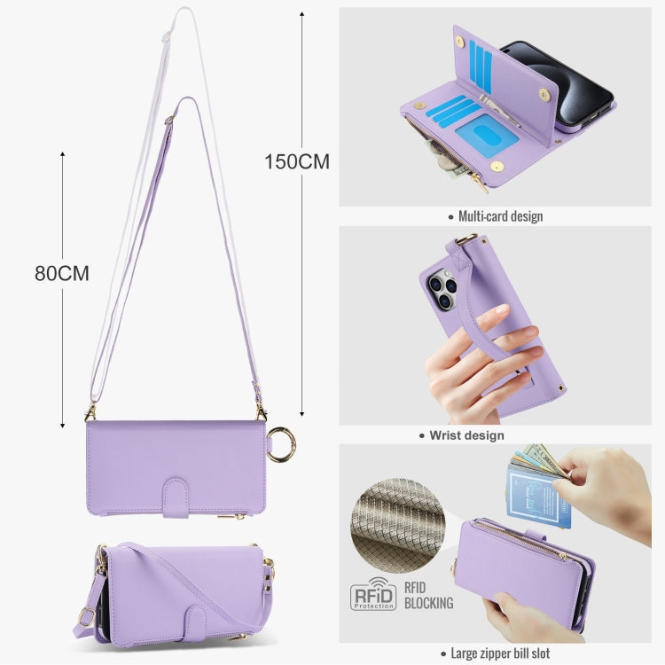 For iPhone 13 Pro Max Crossbody Ring Multifunctional Wallet Leather Phone Case(Purple) - iPhone 13 Pro Max Cases by buy2fix | Online Shopping UK | buy2fix