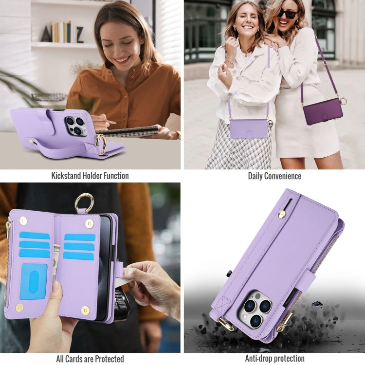 For iPhone 13 Pro Max Crossbody Ring Multifunctional Wallet Leather Phone Case(Purple) - iPhone 13 Pro Max Cases by buy2fix | Online Shopping UK | buy2fix